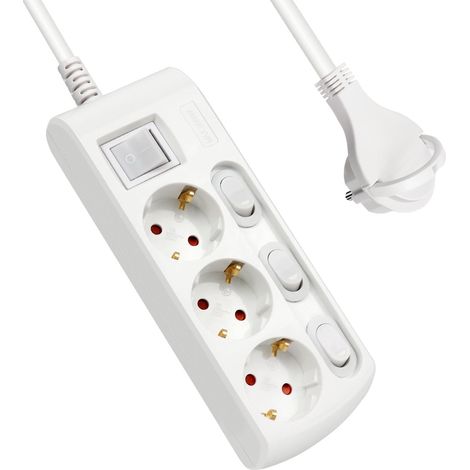 Multiprise avec 3 prises + 3 interrupteurs individuels, 1 interrupteur principal, câble 1,5 m, fiche plate pour la maison, le bureau et les voyages, 16 A, 250 V, 3680 W, blanc (1/5)