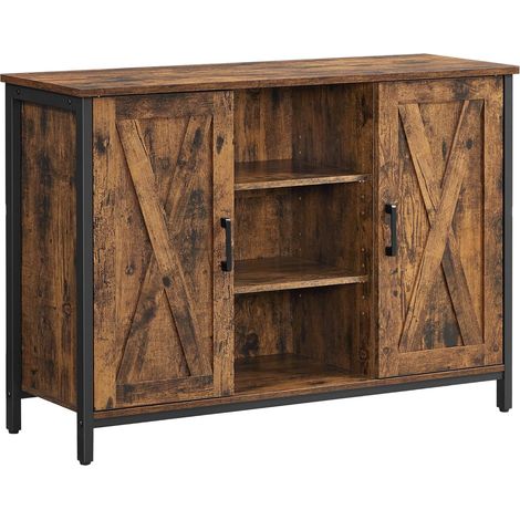 Vasagle – Buffet industriel marron rustique et noir – 100 x 35 x 70 cm – 2 portes façon grange – 3 compartiments ouverts – 2 étagères réglables