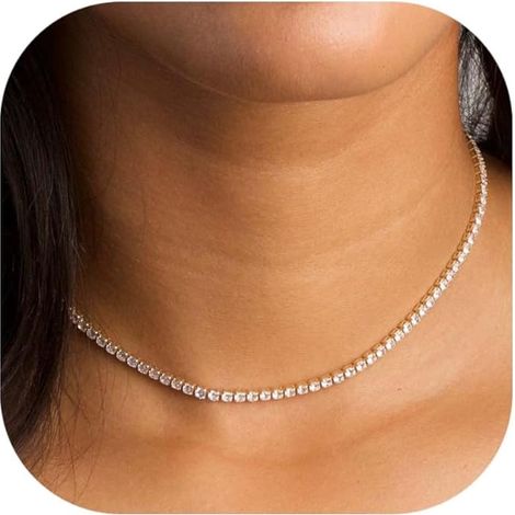Collier de tennis pour femme, plaqué or 14 carats/argent, orné de strass, ras-de-cou délicat en zircon cubique, chaîne en diamant, bijou de mariage pour femme (1/5)