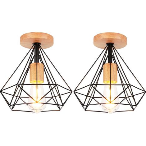 2 Pack Rétro Plafonnier Industrielle E27 25cm Lampe Plafonnier en Métal et Bois Noir (1/5)