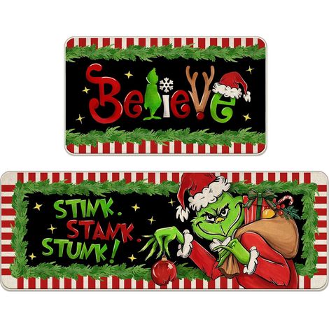 Juego de 2 tapetes de cocina Stunk de color verde, felpudos de rayas rojas y blancas para invierno, decoración del hogar, 40 x 60 cm y 40 x 120 cm. (1/4)