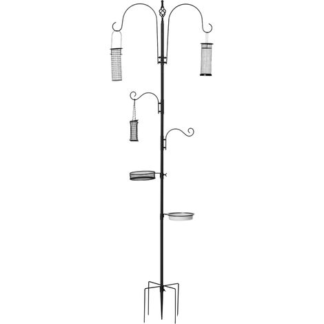 Mangeoire à oiseaux de 208 cm avec 4 crochets, piquet de fixation, bac à eau et à nourriture, mangeoire sur pied pour oiseaux sauvages de jardin, acier noir