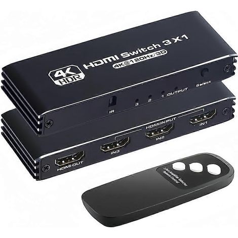 Commutateur 3 en 1 compatible HDMI avec télécommande infrarouge, prenant en charge la 4K à 120 Hz, la 1080p à 240 Hz, la 3D et le HDR pour PS5, Xbox, TV et DVD. (1/5)