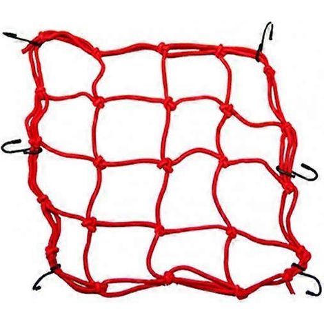 Filet à bagages résistant pour moto/vélo, maille élastique en nylon, 11,8 pouces x 11,8 pouces, avec 6 crochets réglables, rouge. (1/5)