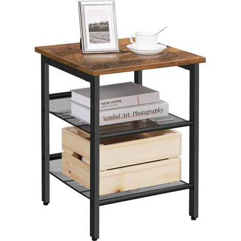 VASAGLE Tavolino per Soggiorno, Comodino in Stile Industriale per Camera da Letto, con 2 Ripiani in Rete Regolabili, Stabile Struttura in Metallo, Montaggio Facile, Marrone Vintage e Nero LET23X (1/5)