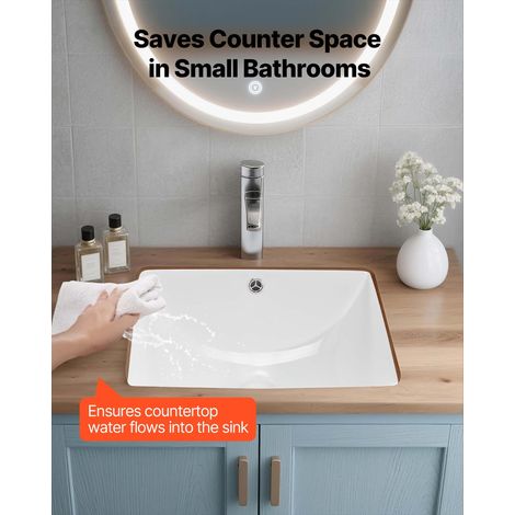Lavabo de salle de bain sous plan, 460 x 330 mm, vasque rectangulaire en céramique blanche avec trou de trop-plein, évier moderne à… (1/5)