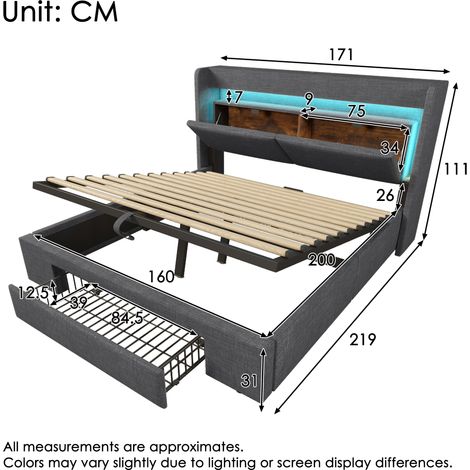 Lit double rembourré 160x200 cm lin gris,rangement hydraulique,tête de lit rangement,LED et USB/Type-C,cadre à lattes bois,sans matelas (1/5)