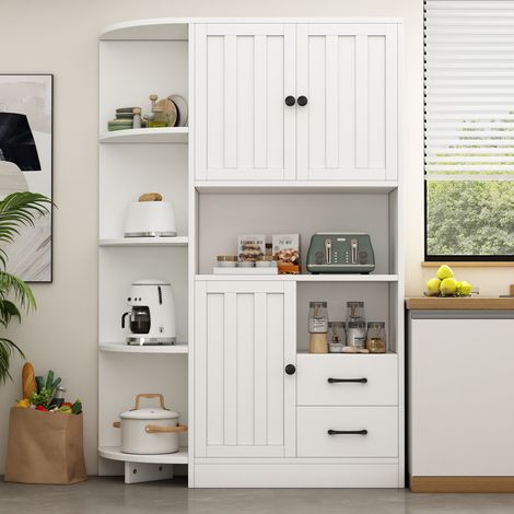 Armoire d'angle 104x35x155cm, meuble de rangement salon avec 3 portes + 2 tiroirs, bibliothèque haute, buffet et vitrine avec 14 compartiments, étagère, meuble TV, blanc (1/5)