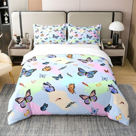 Arc - en - Ciel Papillon Parure de lit 140x200cm, Violet Papillon Literie Set Enfants Garçons Filles Papillons colorés 100% Coton Housse de Couette Tie & Dye Combo de literie - 140 x 200 cm + 1 taie d (1/5)