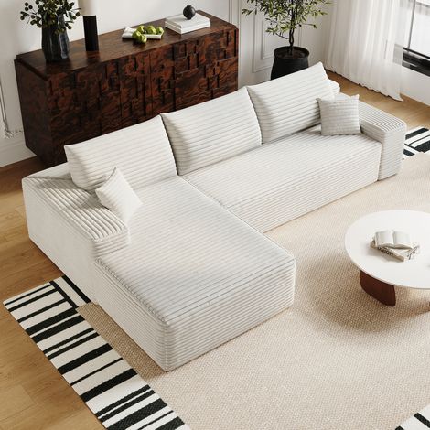 Canapé d'angle modulable 270x175x83 cm en tissu côtelé blanc, sans montage pour salon FloraGrace (1/5)