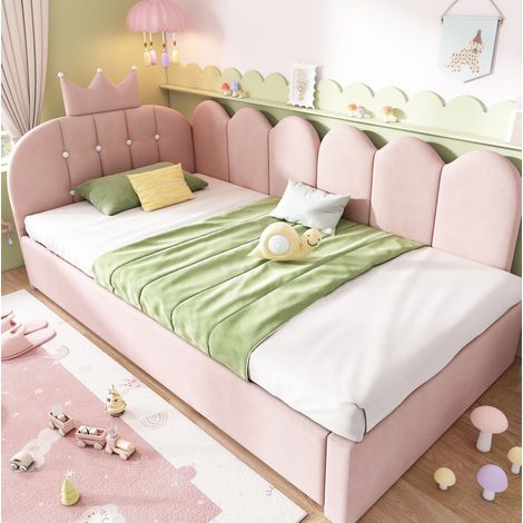 Lit banquette en velours rose 90x200 cm avec lit gigogne 90x190 cm, tête de lit couronne et grille