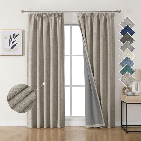 100% Rideau Occultant Thermique en Lin avec Galon Fronceur 140x220 cm 2 Pièces, Rideau Isolant Thermique Anti Froid et Chaleur à Passe Tringle pour Décoration de Porte Fenêtre (1/5)