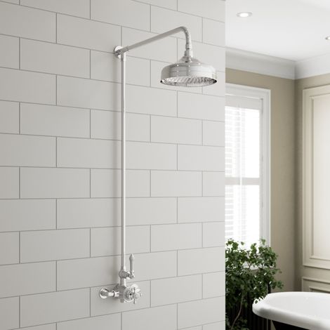 Traditional Thermostatic Mixer Shower Set Round Chrome Crosshead Exposed Valve