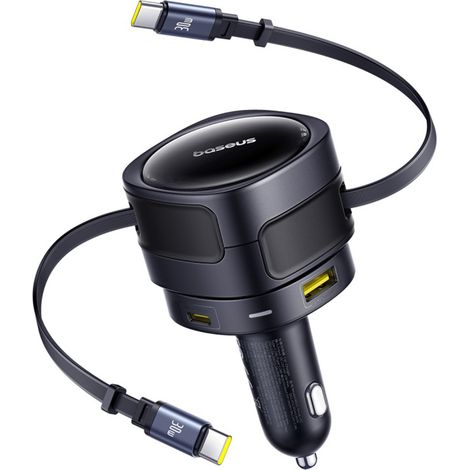Chargeur de voiture avec câbles rétractables USB-C et USB-A 90 W (1/5)