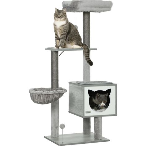 Rascador para gatos, diseño multinivel, cómoda hamaca, gris claro. (1/2)