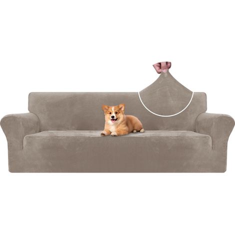 Samt Sofa Überzug 4 Sitzer, elastisch, rutschfest, Khaki (1/5)