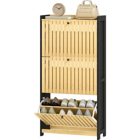 Schuhschrank für 18 Paar Schuhe mit 3 Klappschubladen. Türen mit Bambuslamellen. 60 x 24 x 118 cm. Schwarz und naturfarbenes Holz.