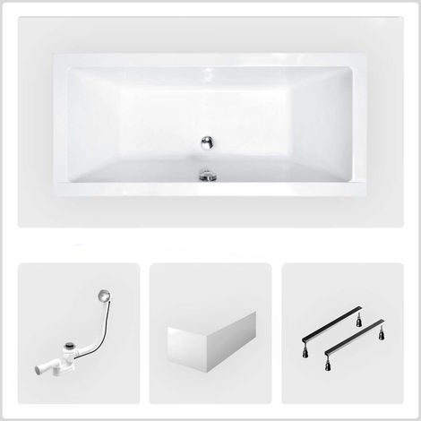 Rechteckige Badewanne - 170 x 75 cm - mit Frontschürze - Füße - Chromablauf - QUADRO