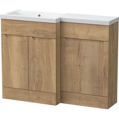 Teddesley Floor Standing 2 Door Vanity Basin WC Unit with Polymarble Basin, 1100mm, Left Hand, Autumn Oak (1/4)