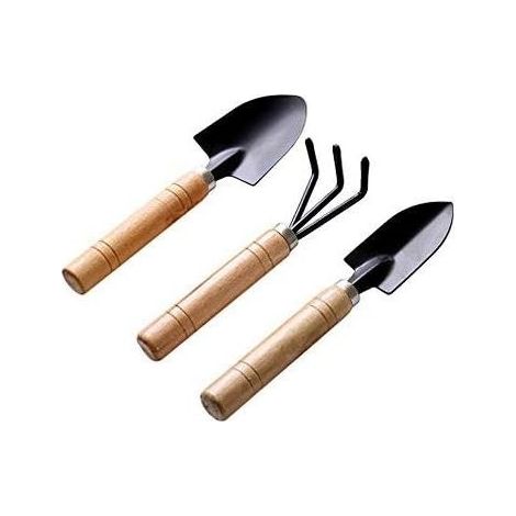 Noir 3 pcs Ensemble Mini Outils de Jardinage Pelle Rateau Spade Plantes Succulentes en Pot de Fleurs Outils de Jardin Griffe avec poignées en Bois (1/5)