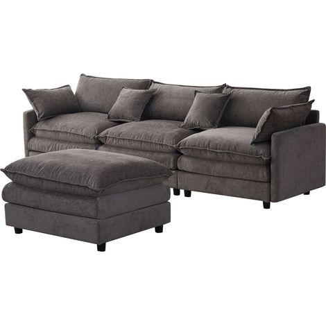 Canapé d'angle modulable 3 places en tissu gris avec méridienne et pouf mobile, assise à ressorts ensachés, design confortable pour salon familial - CHICFURN (1/5)