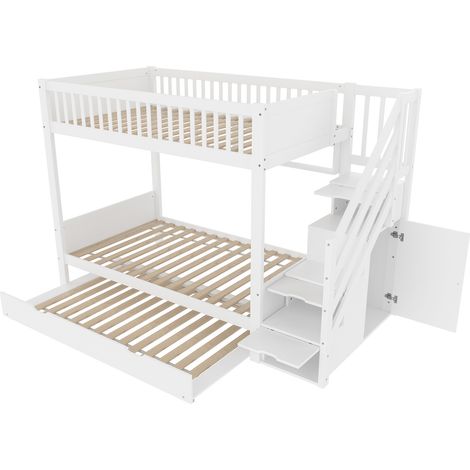 Cama litera infantil blanca con cama nido, almacenaje y armario 90 x 200 cm (1/5)