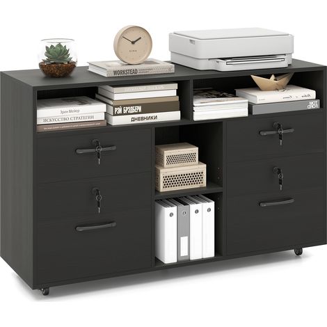 Armoire de Rangement Roulant avec Serrure et 4 Tiroirs pour Fichiers Format A4/Lettre, Organisateur de Classement Mobile, 104x35x65,5cm, Noir (1/5)