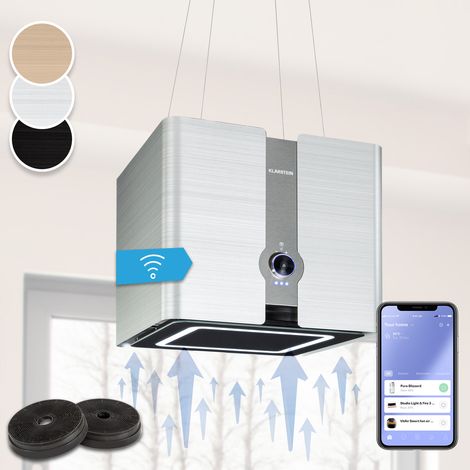 Klarstein – Hotte d'îlot à recyclage d'air 420 m³/h – Éclairage LED – Montage au plafond – Filtres à graisse et charbon actif inclus