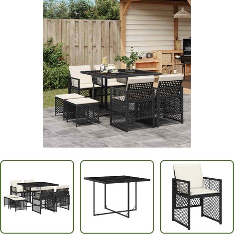 Table de jardin -  Ensemble à manger de jardin 9pcs coussins noir résine tressée (1/5)