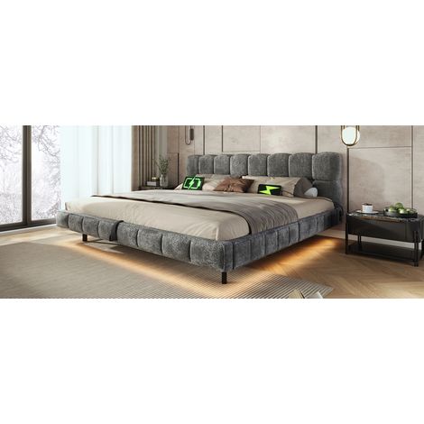 Lit rembourré 180x200 cm gris en chenille avec rangement hydraulique, LED et USB-C (1/5)
