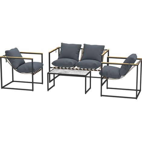Ensemble mobilier jardin 4 pièces : 2 fauteuils, canapé 2 places, table, acier polyester gris (1/5)