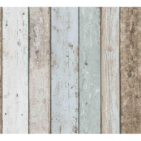 3D Effect Wood Panel Plank Wallpaper Distressed Cream Blue Brown A.S Creation