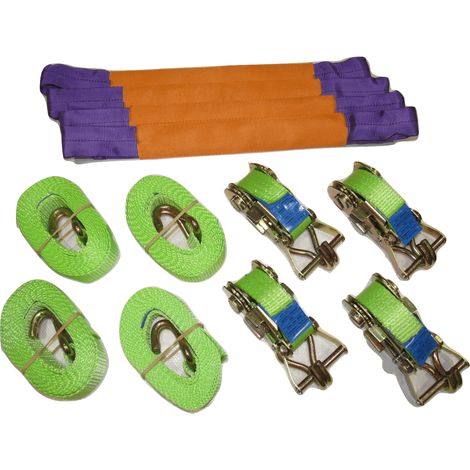 Recovery Ratchet Strap Set Hi Vis x4 (35MM x 4M Round Sling Alloy Wheel Tie Down Trailer Kit) (1/3)