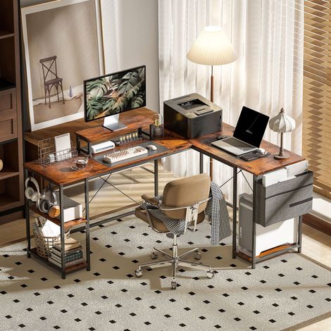 MODFU – Scrivania angolare 168x120x90 cm in legno/metallo marrone con supporto monitor 42", configurabile a L o lineare 240 cm – Marrone (1/5)