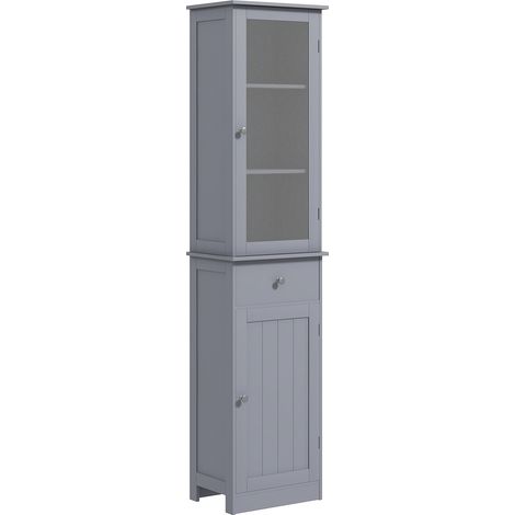 Meuble colonne salle de bain, armoire acrylique grise, 2 étagères avec porte, 1 étagère avec tiroir, MDF (1/5)
