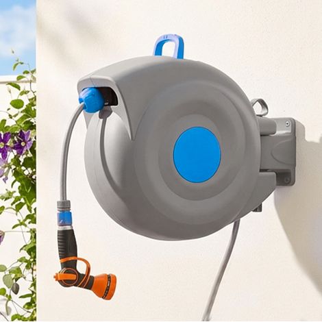 Enrouleur de tuyau 30 m mural pivotant PP bleu HAVRYA (1/5)