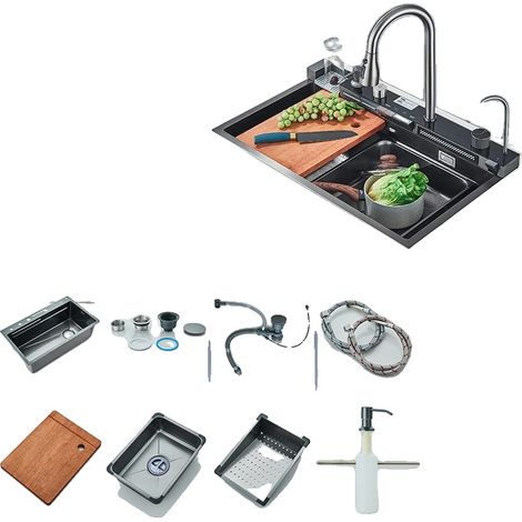Lavello da cucina in acciaio inox con doccetta estraibile, Set A - Grigio (1/2)