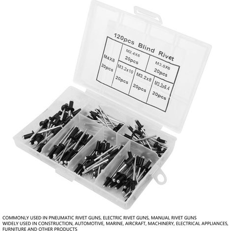 120 pièces Coffret de rivets pop aveugles alliage aluminium noir M2.4x6 M3x6 M3.2x6.4 M3.2x8 M3.2x10 M4x8 pour rivetage (1/5)