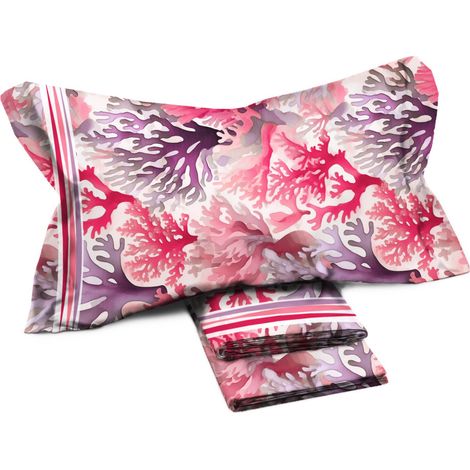 Completo Lenzuola Matrimoniale MAXI - Fantasia Coralli Rosa - 100% Cotone - Design Fresco e Moderno