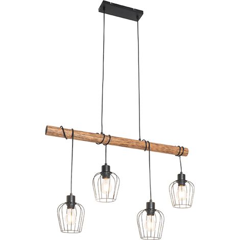QAZQA Lampada a sospensione tavolo soggiorno stronk - rustico - Acciaio,Legno - Nero/Marrone - Oblungo E27 Max. 1 x 7 Watt