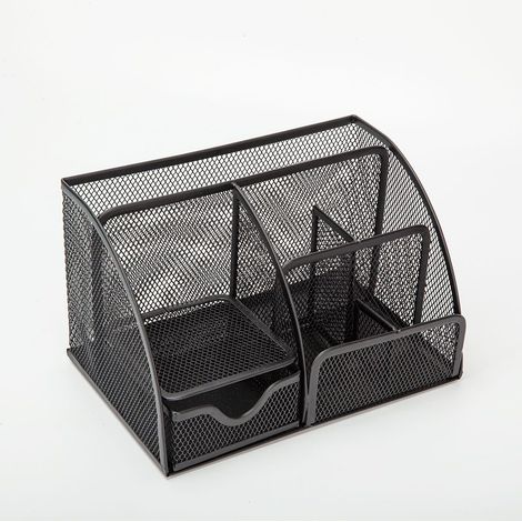Organizador de escritorio y portabolígrafos con cajón y 6 compartimentos en malla metálica negra. Organizador de escritorio compacto para lápices, notas adhesivas, clips y grapadoras.