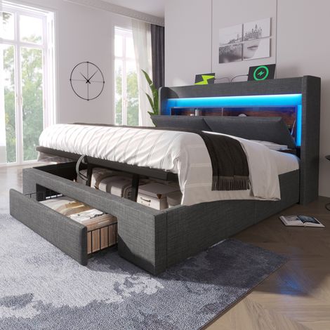 Lit double capitonné 180x200 cm avec coffre hydraulique et tête de lit avec rangement, LED et ports USB/USB-C, sommier à lattes en bois, lin gris (sans matelas) (1/5)