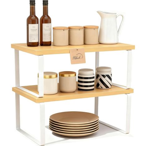 Étagère à Épices Empilable, Lot de 2, Étagère de Rangement Cuisine Extensible, Organisateur de Placard Modulable en Métal avec Plateau Bois d'Ingénierie Beige Naturel (1/5)