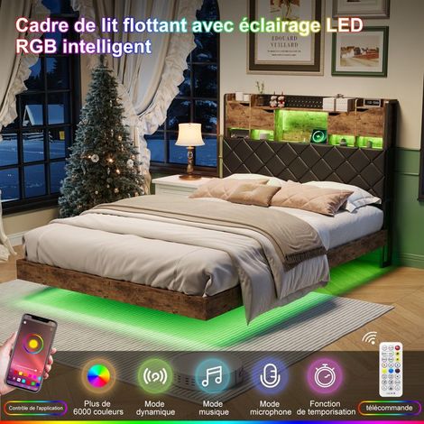 Doppelbett 160x200 cm - Metall - Schwebendes Design - LED-Beleuchtung - Integrierter Stauraum