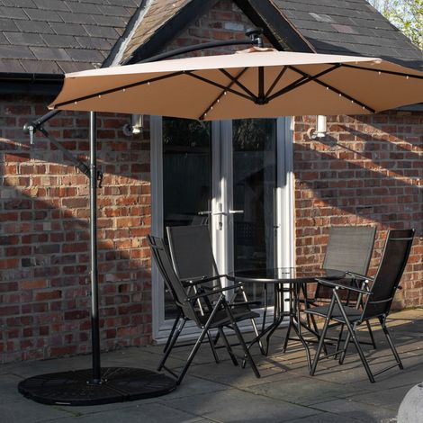 Outdoor 4 Person Round Glass Top Garden Dining Table Chairs With Beige Banana Lit Parasol and Base Set (1/5)