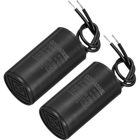 2 Pcs Condensateur 3uF 450V AC 2 Fils 50/60Hz Condensateur de Démarrage du Moteur Cylindrique 34x60mm pour Compresseur d'Air et Pompe à Eau, Noir (1/5)