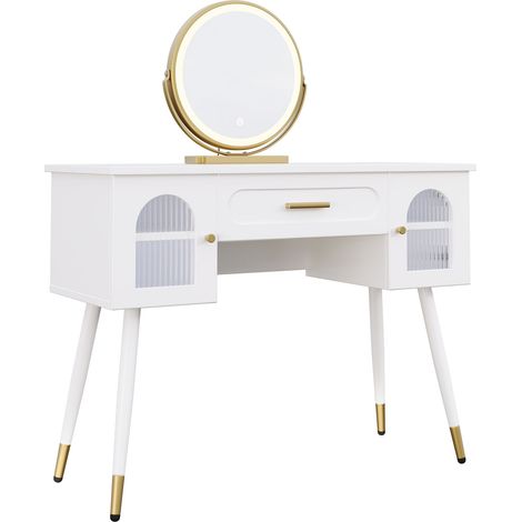 Tocador LED con espejo, 1 cajón y 2 puertas, blanco y dorado, 100 x 42 x 112 cm (1/5)