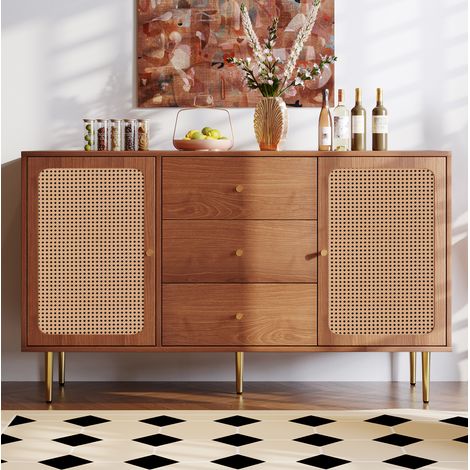 Credenza 2 ante e 3 cassetti con ripiano regolabile, effetto rattan, 150 x 40 x 90 cm, noce DESVIAE (1/5)