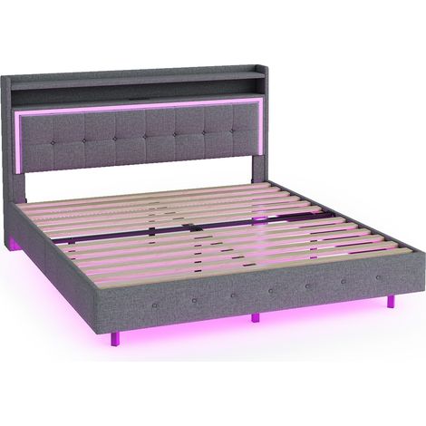 Lit rembourré 160 x 200 cm gris en lin avec USB et LED HOMVRA (1/5)