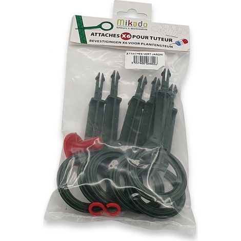 Lot de 6 - MIKADO - Attaches pour tuteur - Vert jardin - Polypropylène PP - EAN 3557400068026 - Fabriqué en France - 100% recyclable - Système de clipsage rapide - Voir photos pour détails (1/2)